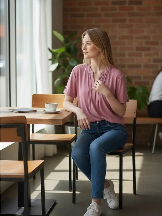 Women’s Roll-Sleeve V-Neck Top in Dusty Rose - Picture 4 of 7
